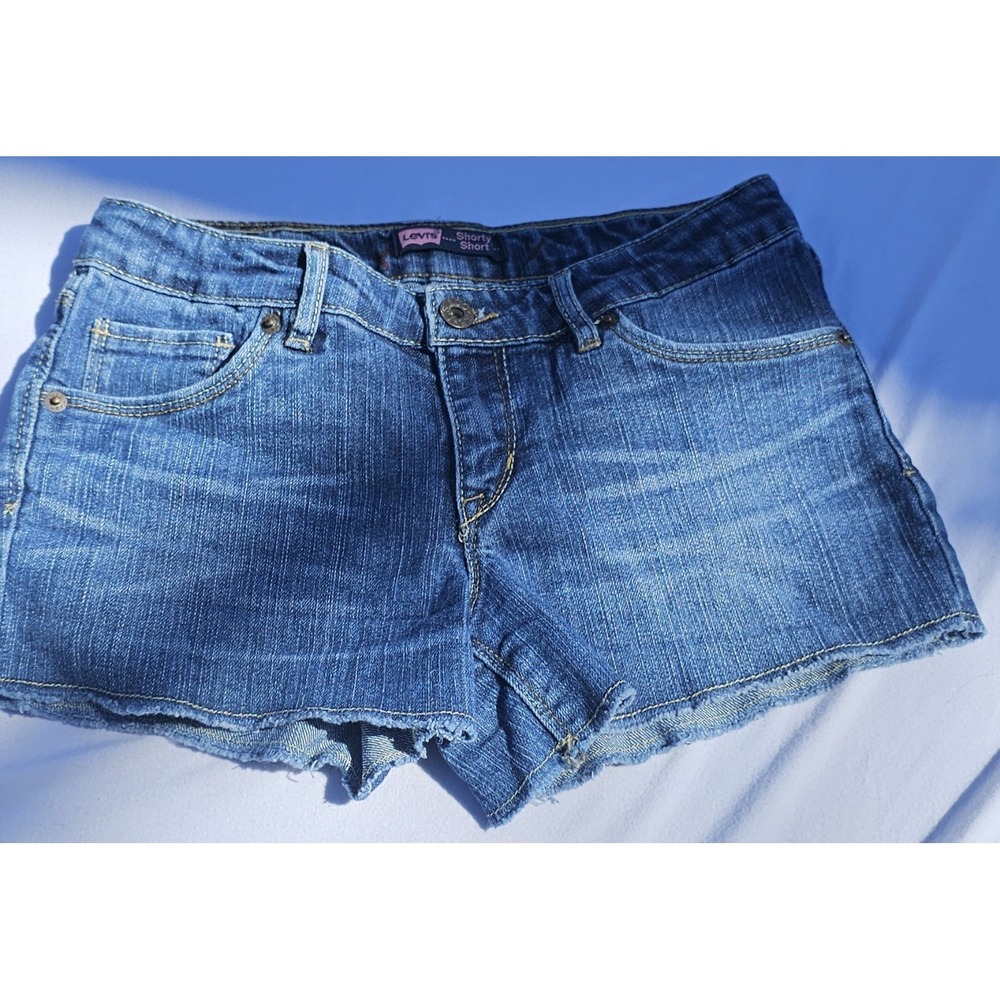 Levi's Shorty Shorts Raw Distressed Hem Medium Wash Denim Shorts Size 14 - Picture 13 of 14